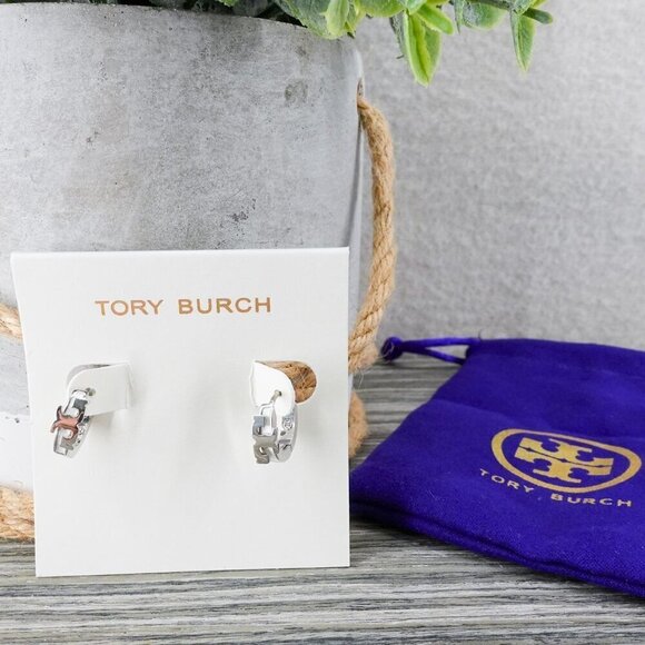 Tory Burch Serif-T Enamel Huggie Hoop Earrings Silver/Ivory OS - Picture 4 of 12